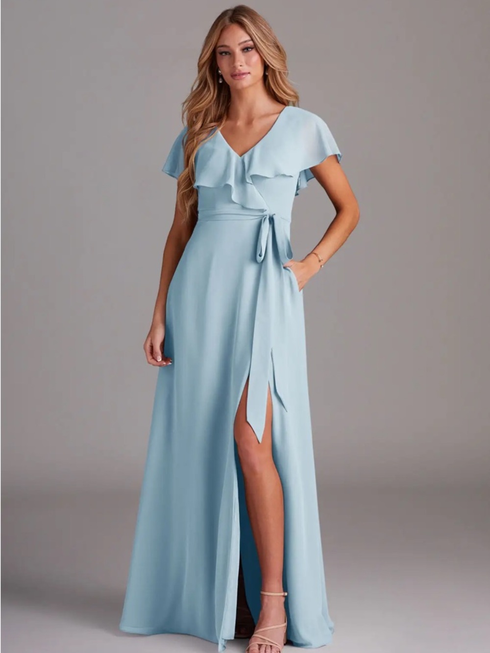 Azazie Sky Blue Lainey Chiffon Sleeved Maxi Bridesmaid Dress